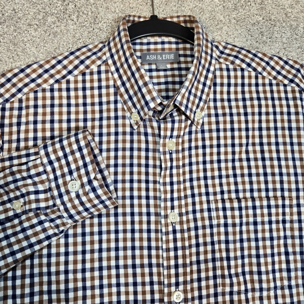 Ash & Erie Shirt Men Small blue brown white check Slim Fit Button Up long sleeve